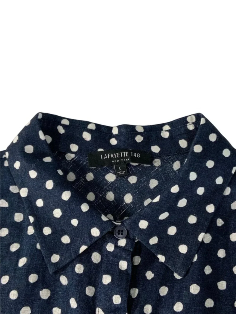 Lafayette 148 Linen Button Front Shirt L Blue Polka Dot - Picture 5 of 15